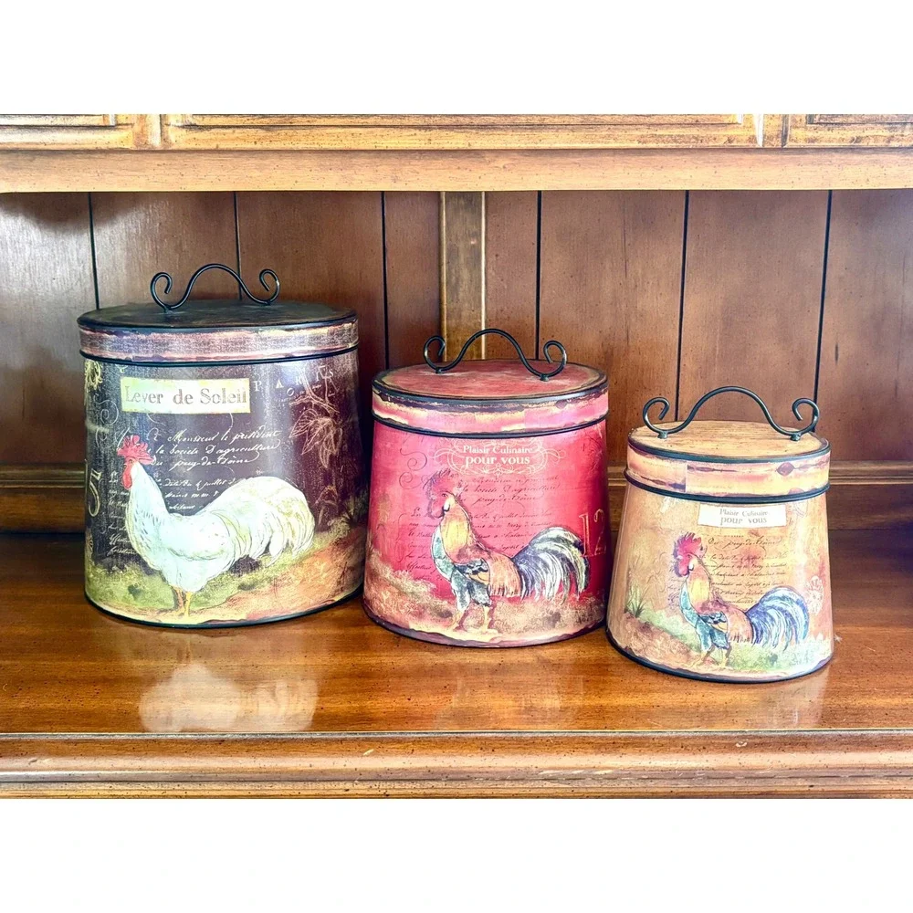 Antique Farmhouse French Country Rooster Canister Set 3 piece kitchen cookware - Picture 2 of 10